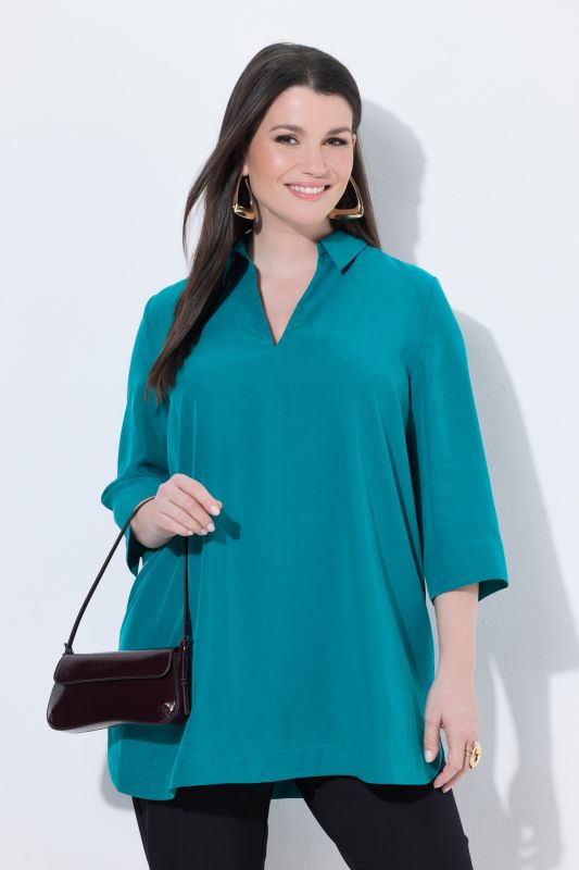 Collared 3/4 Sleeve Lyocell Tunic Blouse