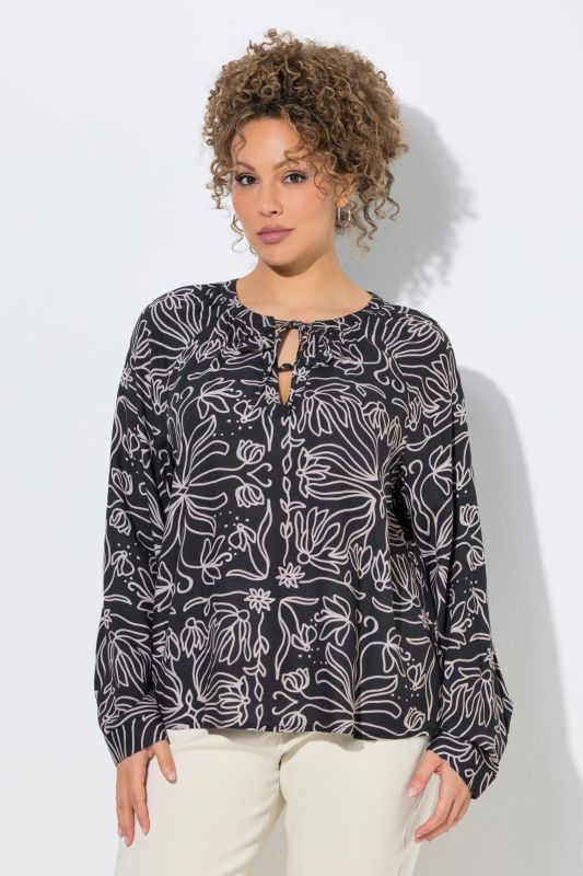 Flower Tile Print Ribbon-Tie Blouse