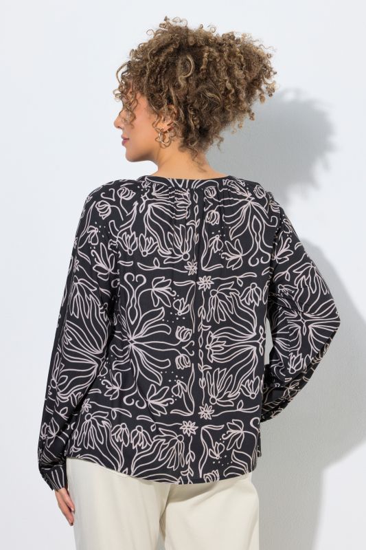 Flower Tile Print Ribbon-Tie Blouse