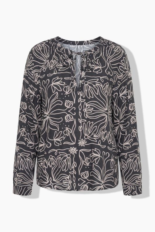 Flower Tile Print Ribbon-Tie Blouse