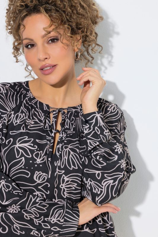 Flower Tile Print Ribbon-Tie Blouse