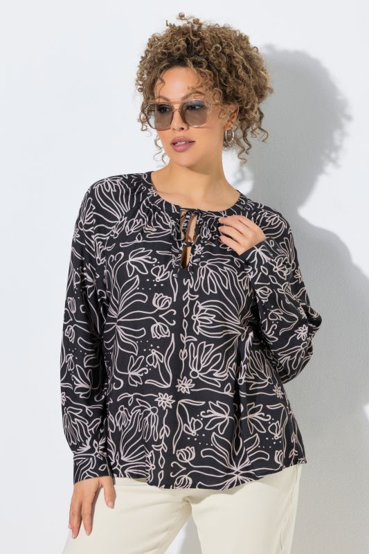 Flower Tile Print Ribbon-Tie Blouse