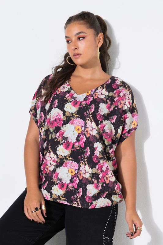 Hydrangea Print Cap Sleeve Blouse