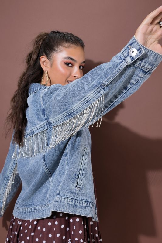 Rhinestone Fringed Denim Jacket