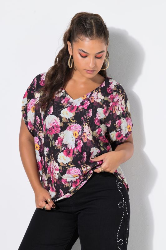 Hydrangea Print Cap Sleeve Blouse