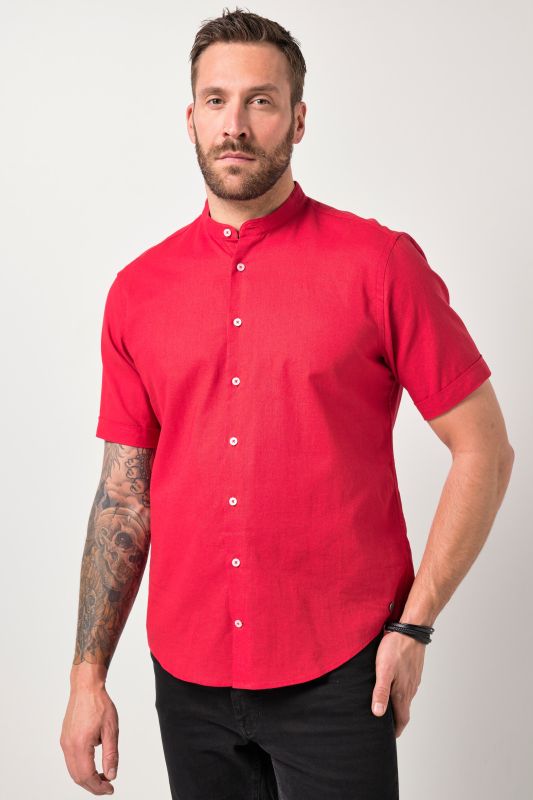 Shirt, short-sleeved, linen blend, stand-up collar, modern fit