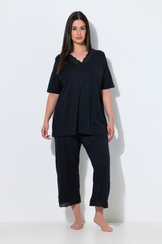 Eyelet Trim V-Neck Super Soft Cotton Blend Pajama Set