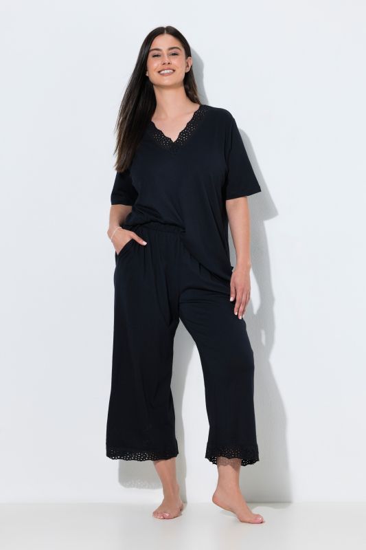 Eyelet Trim V-Neck Super Soft Cotton Blend Pajama Set