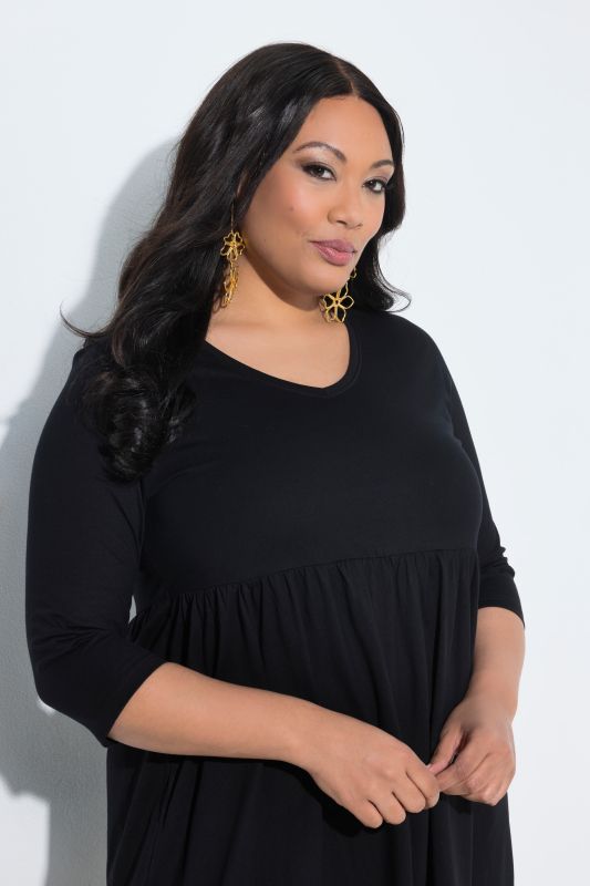 Cotton Knit V-Neck Empire A-line Pocket Dress