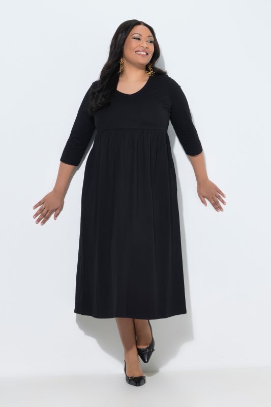 Cotton Knit V-Neck Empire A-line Pocket Dress
