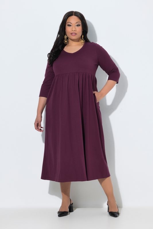 Cotton Knit V-Neck Empire A-line Pocket Dress