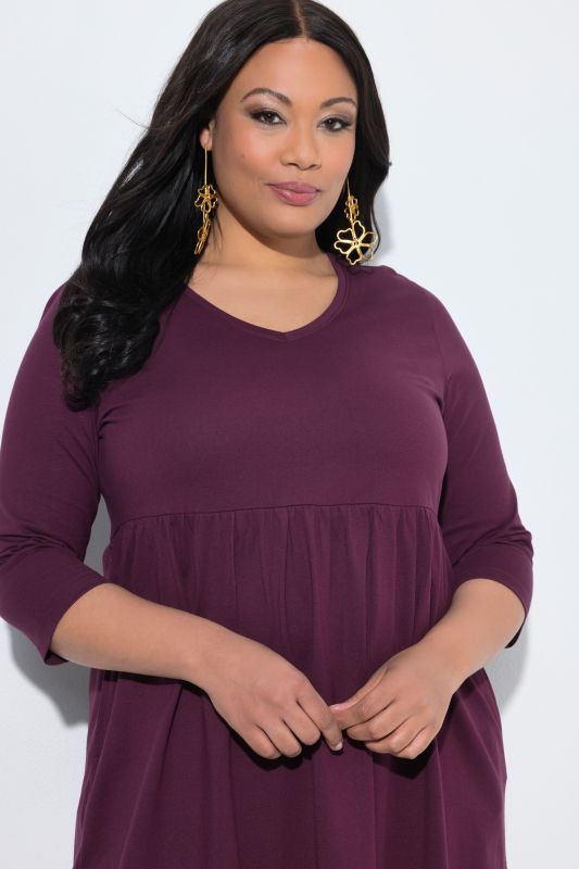Cotton Knit V-Neck Empire A-line Pocket Dress