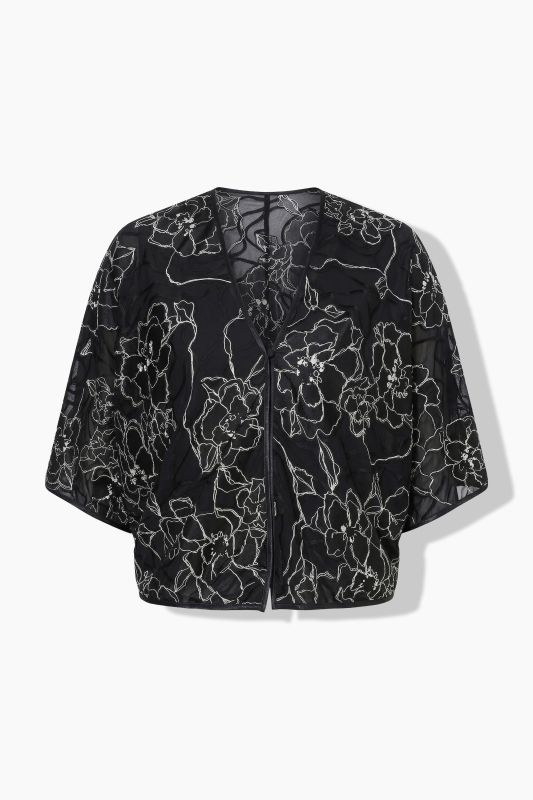 Silk Blend Floral Embroidered Short Sleeve Bolero