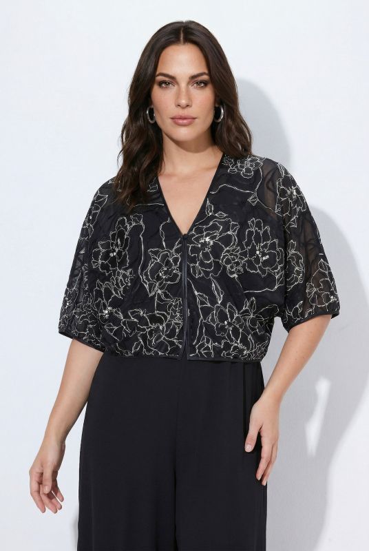 Silk Blend Floral Embroidered Short Sleeve Bolero