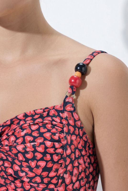 Strawberry Print Beaded One Piece Swimsuit