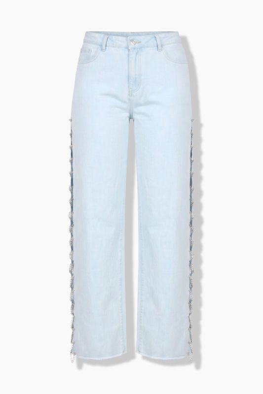 Split Leg Chain Detail Stretch Fit Wide Leg Jeans