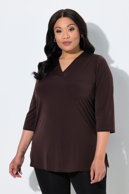 Matte Jersey V-Neck Swing Vented Three Quarter Sleeve Tunic