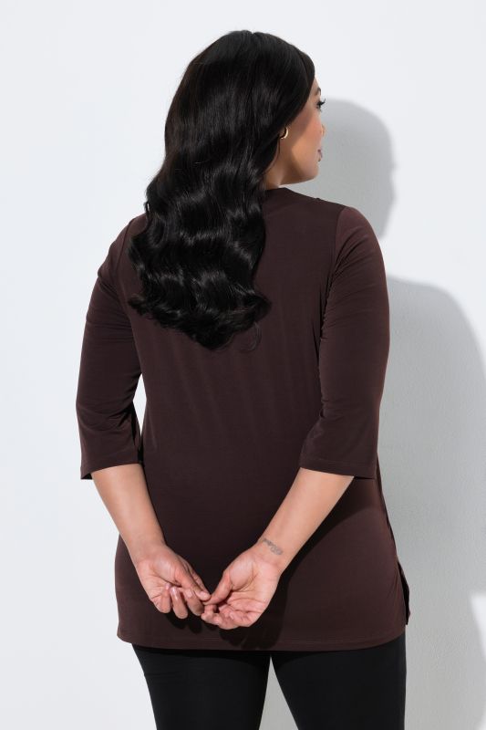 Matte Jersey V-Neck Swing Vented Three Quarter Sleeve Tunic