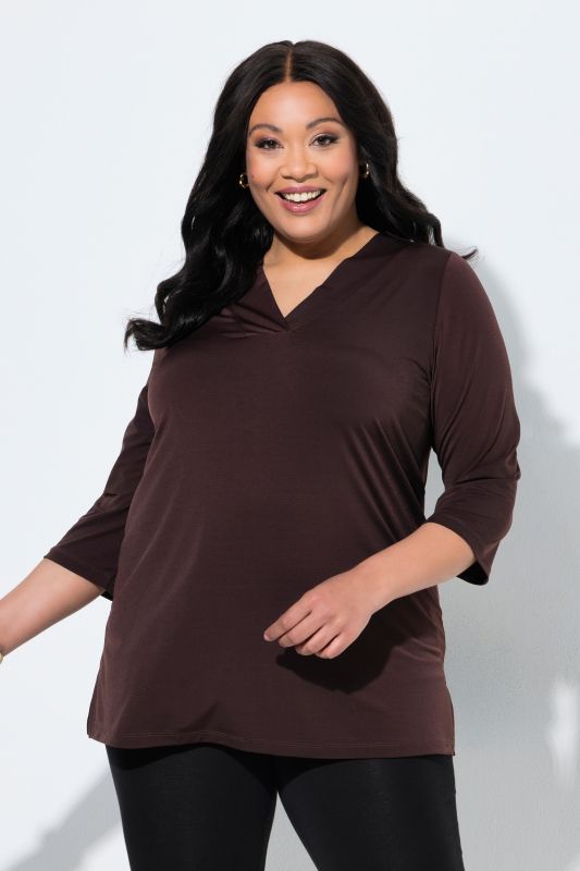 Matte Jersey V-Neck Swing Vented Three Quarter Sleeve Tunic