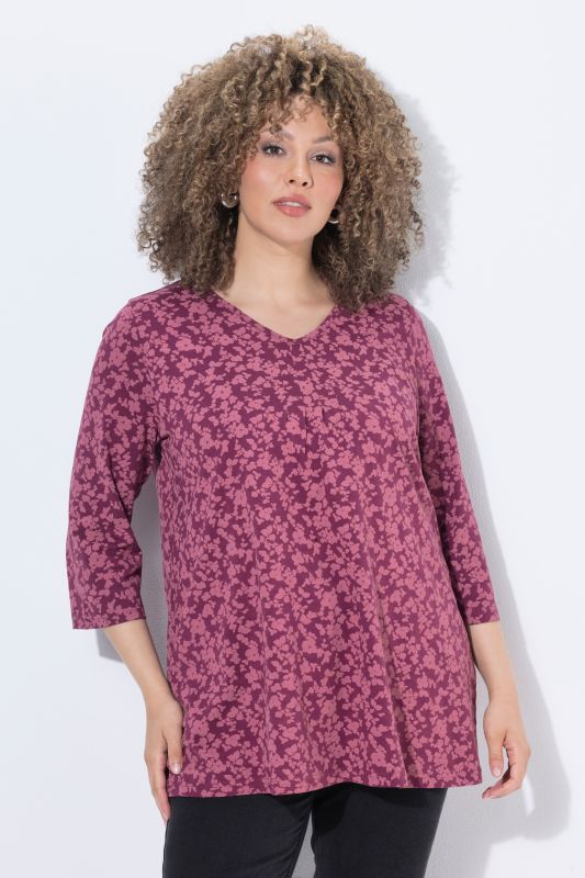 Floral 3/4 Sleeve V-Neck A-Line Tee