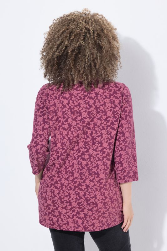 Floral 3/4 Sleeve V-Neck A-Line Tee