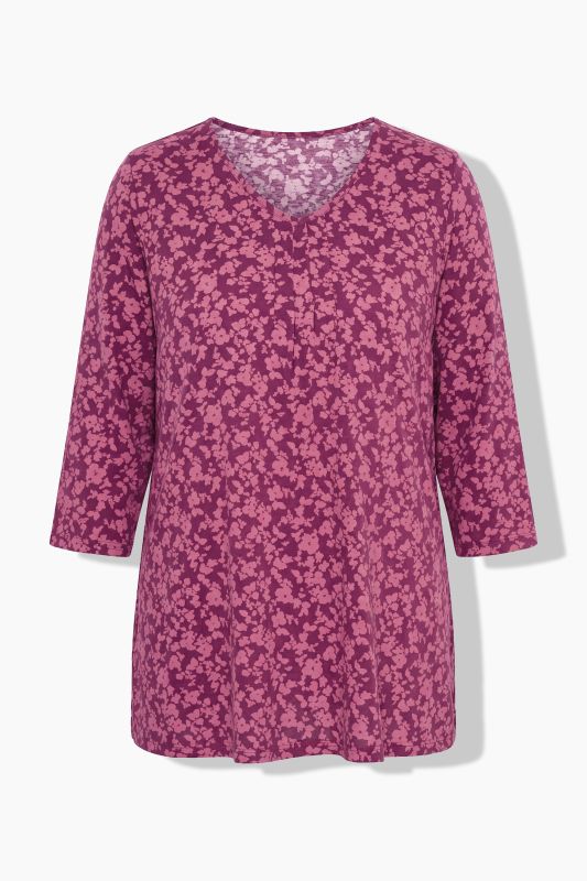 Floral 3/4 Sleeve V-Neck A-Line Tee