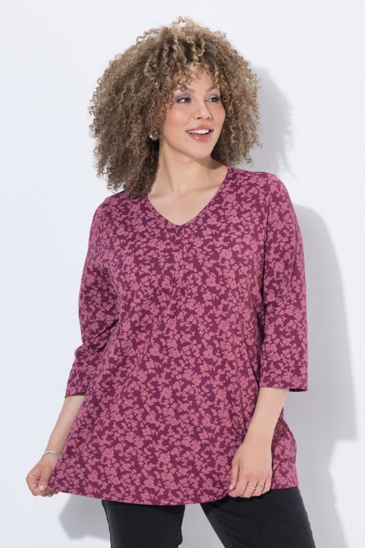 Floral 3/4 Sleeve V-Neck A-Line Tee