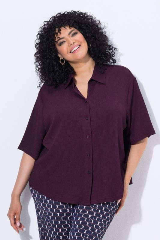 Lightly Textured 3/4 Sleeve Button Down Blouse