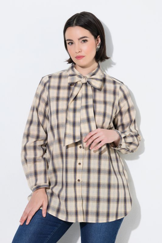 Plaid Lavalliere Long Sleeve Button-Down Blouse