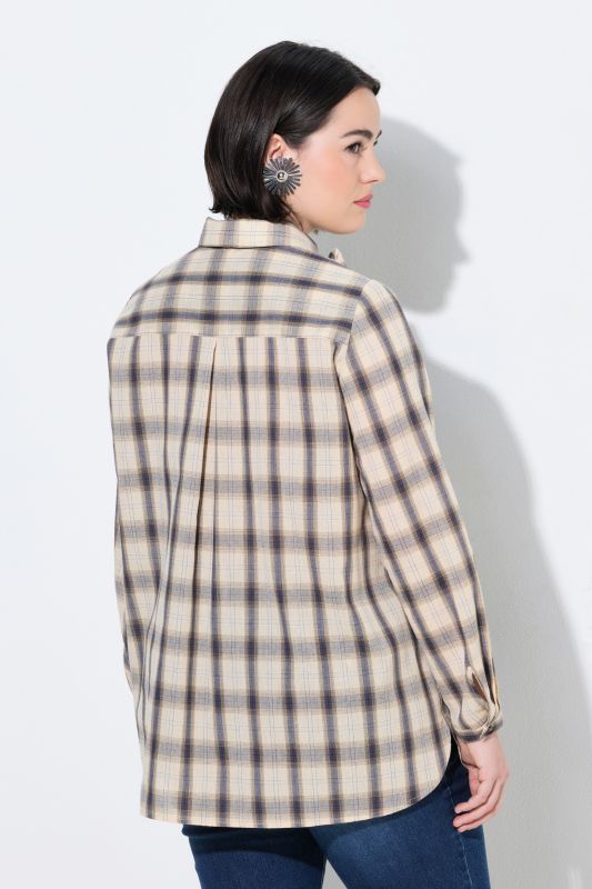 Plaid Lavalliere Long Sleeve Button-Down Blouse