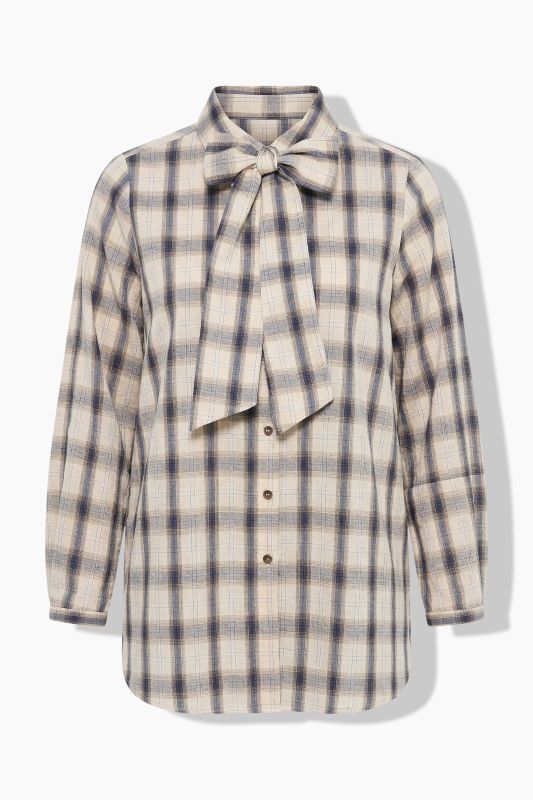 Plaid Lavalliere Long Sleeve Button-Down Blouse