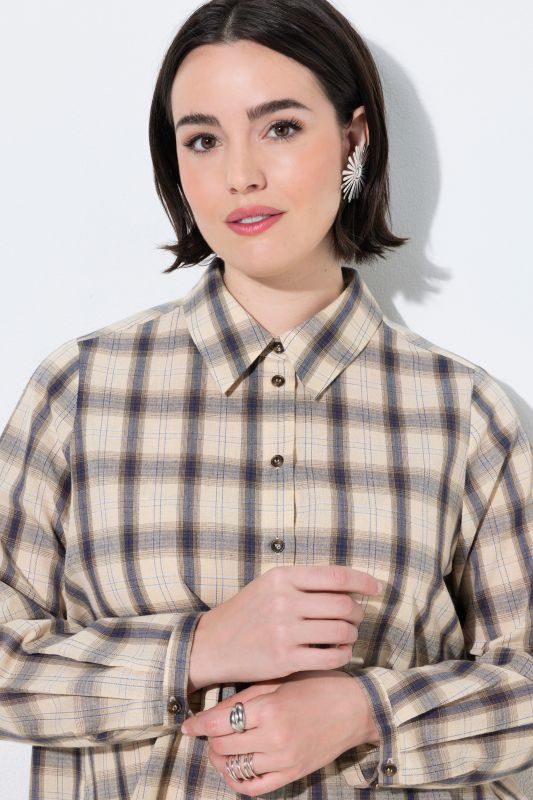 Plaid Lavalliere Long Sleeve Button-Down Blouse