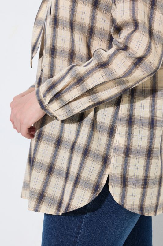 Plaid Lavalliere Long Sleeve Button-Down Blouse