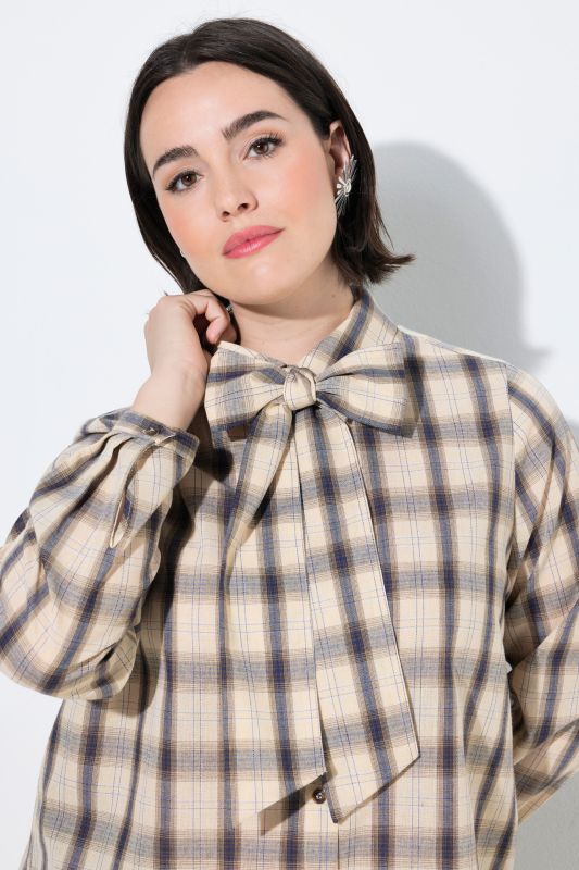 Plaid Lavalliere Long Sleeve Button-Down Blouse