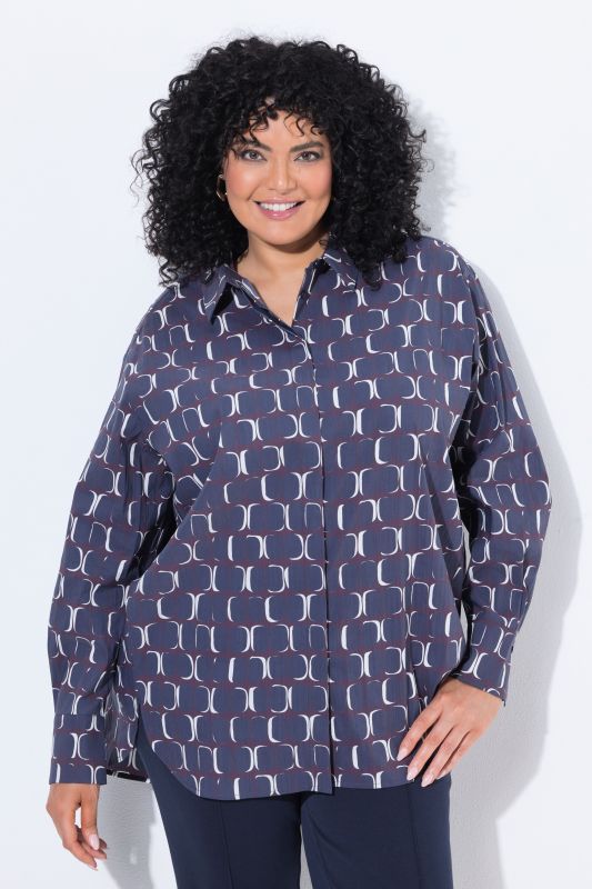 Geometric Print Long Sleeve Button-Down Tunic Blouse