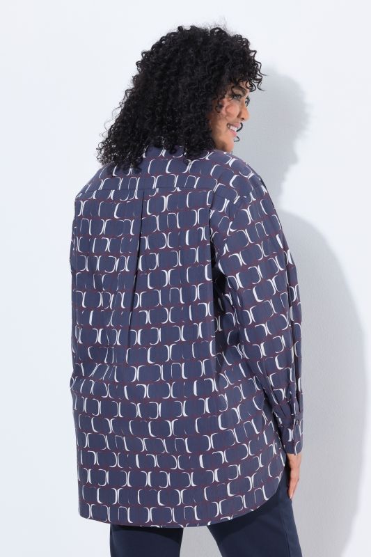 Geometric Print Long Sleeve Button-Down Tunic Blouse