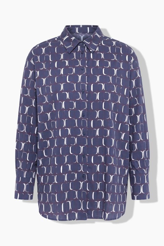 Geometric Print Long Sleeve Button-Down Tunic Blouse
