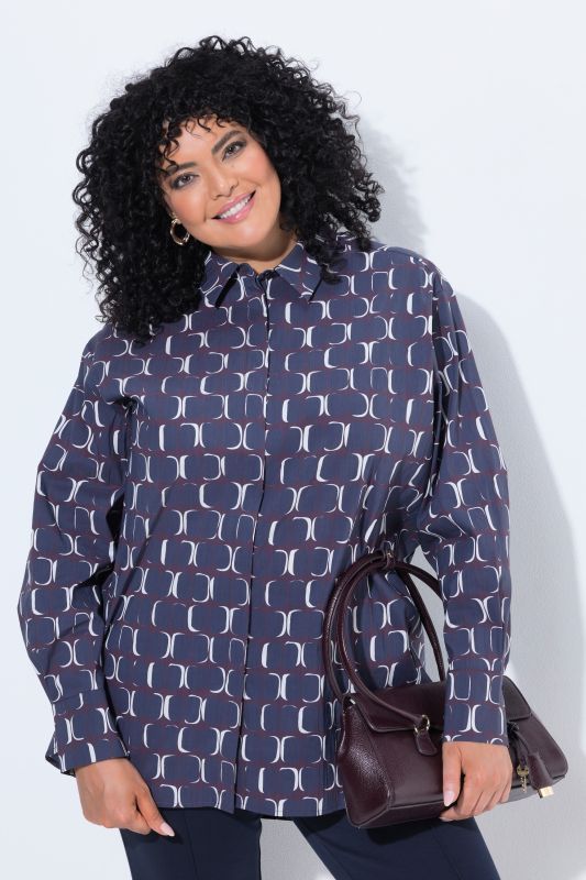 Geometric Print Long Sleeve Button-Down Tunic Blouse
