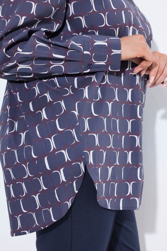 Geometric Print Long Sleeve Button-Down Tunic Blouse
