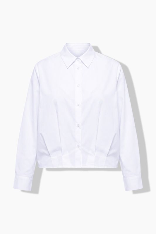 Poplin Dart-Pleated Long Sleeve Button-Down Blouse