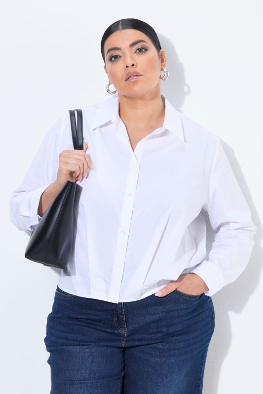 Poplin Dart-Pleated Long Sleeve Button-Down Blouse