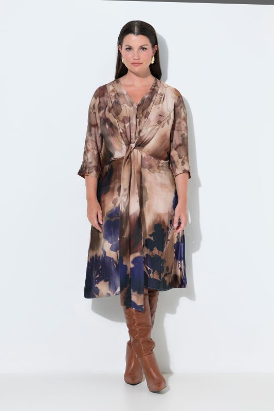 Satin Watercolor Floral Tie Front Swing Dress