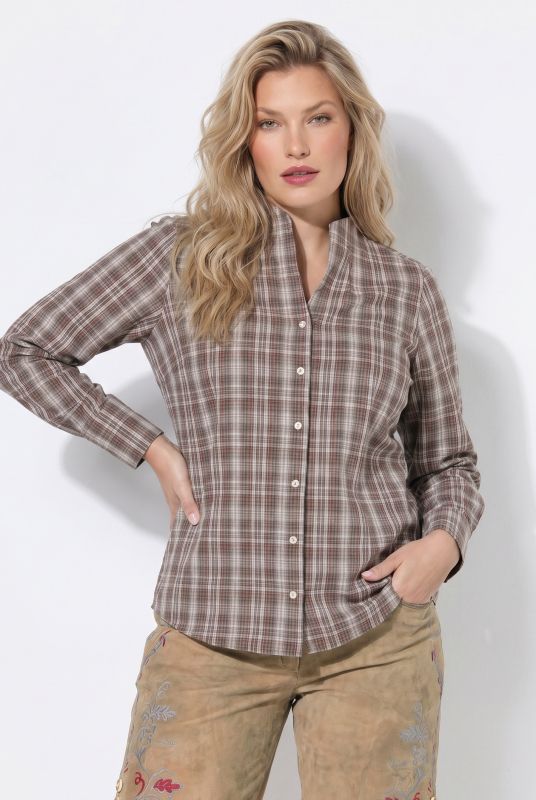 Plaid Goblet Collar Long Sleeve Button-Down Blouse