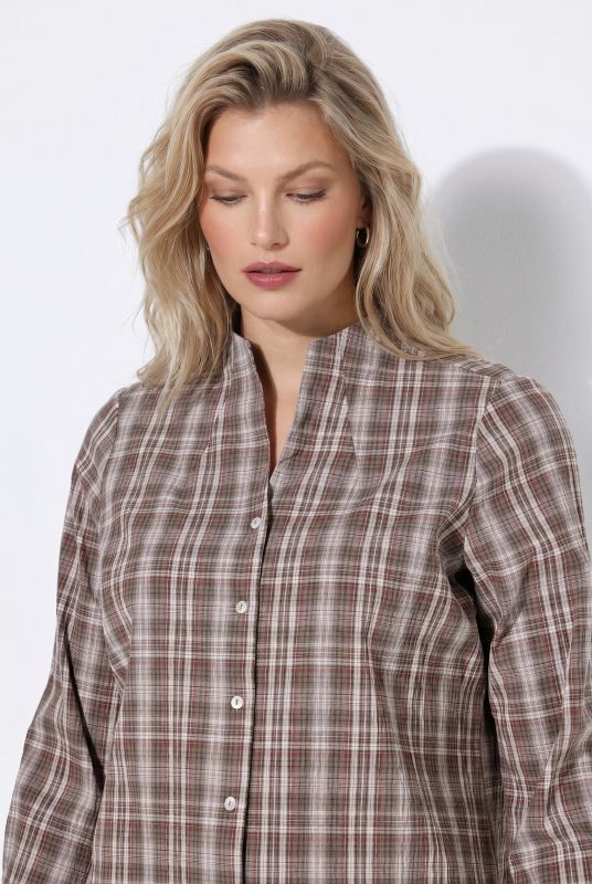 Plaid Goblet Collar Long Sleeve Button-Down Blouse