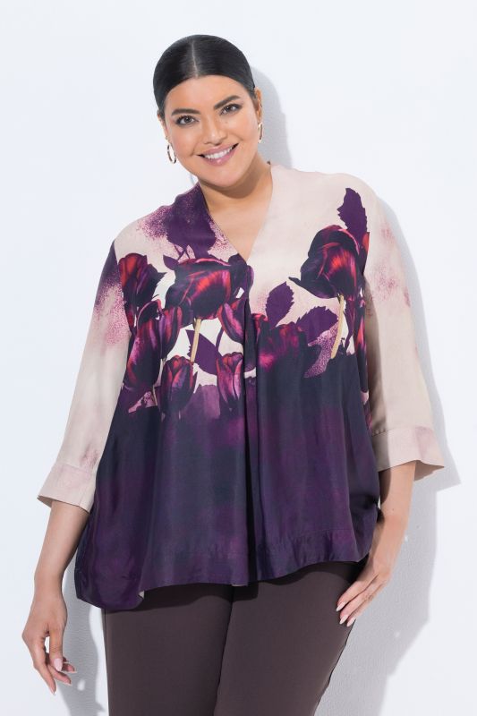 Sunset Floral Draped 3/4 Sleeve Viscose Blouse