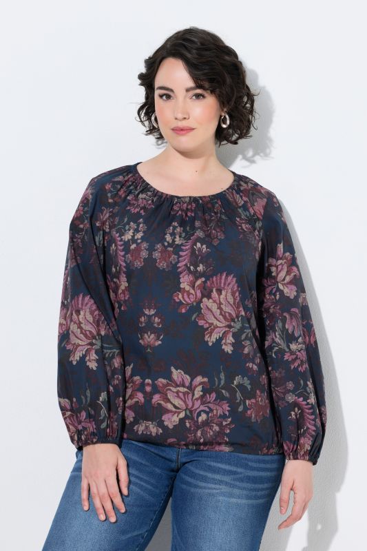Floral Damask Print Gathered Neckline Blouse