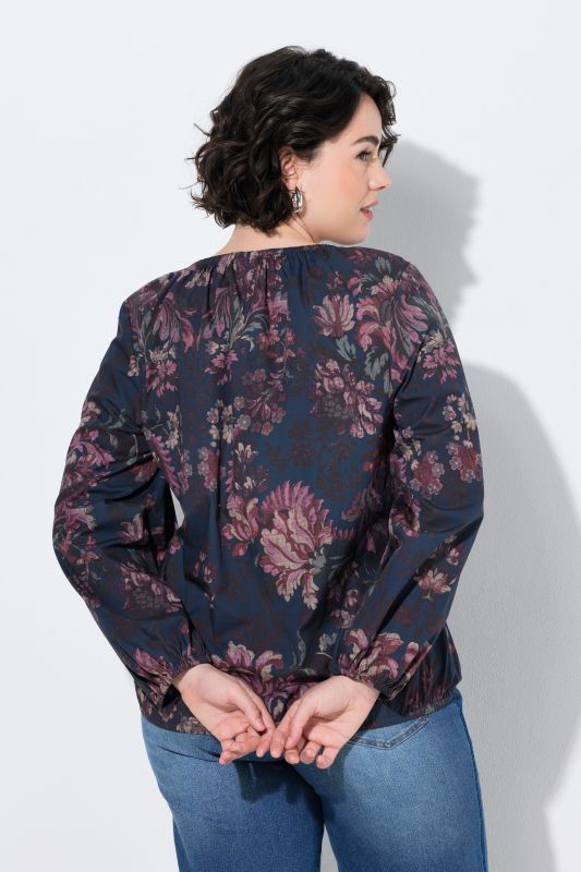 Floral Damask Print Gathered Neckline Blouse