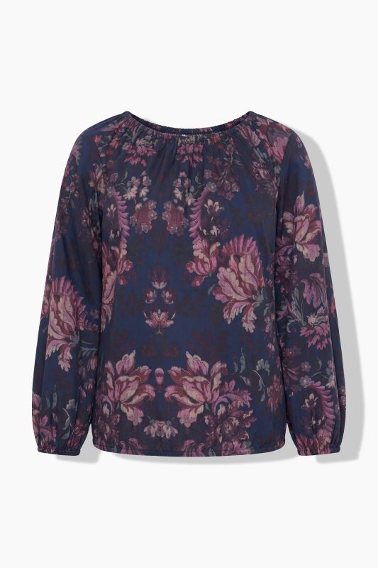 Floral Damask Print Gathered Neckline Blouse