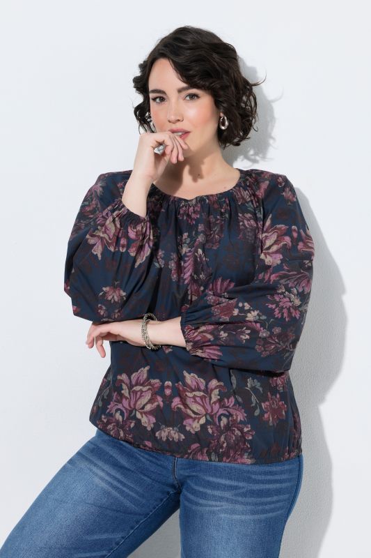 Floral Damask Print Gathered Neckline Blouse