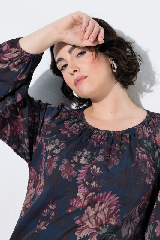 Floral Damask Print Gathered Neckline Blouse